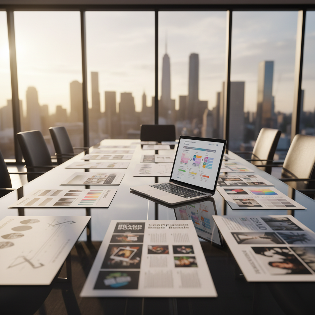 An elegant, glass-walled conference room table seen from one end, its length covered with neatly arranged printed campaign roadmaps, brand mood boards, and a slim, open laptop showing a digital transformation timeline. The table’s surface is dark smoked glass, reflecting the documents and the faint outlines of a city skyline beyond. Late-afternoon golden hour light streams in, casting long, soft shadows and a warm glow over the strategy materials. The camera is positioned at table height, looking down the line of documents toward the blurred city outside, using a medium depth of field to keep the foreground sharp. The atmosphere is visionary and forward-looking, with a sophisticated corporate aesthetic that conveys high-stakes strategic marketing planning.
