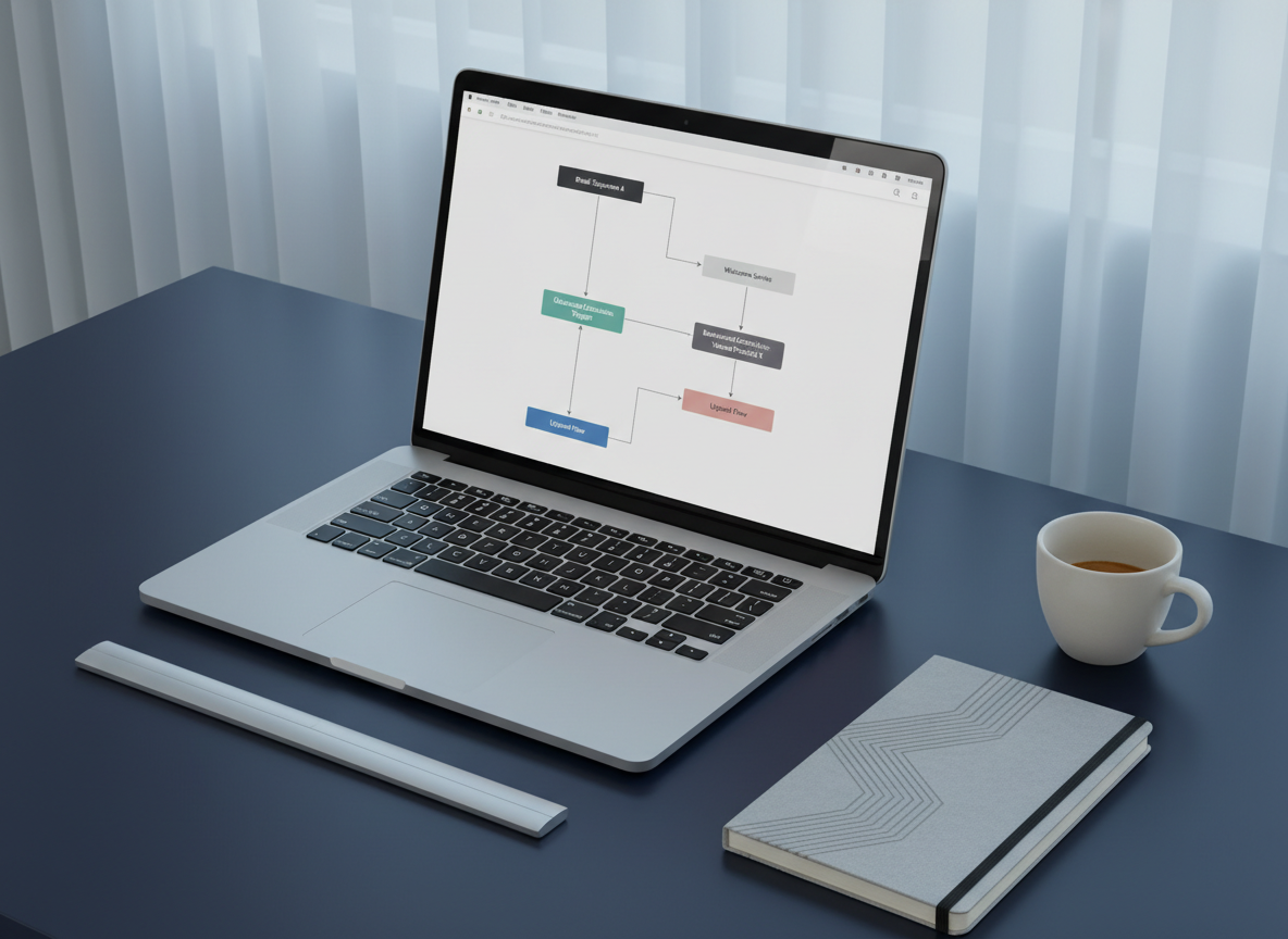 A refined desktop scene focused on an open silver laptop displaying a beautifully structured marketing automation flowchart, with branching email sequences, triggers, and behavioral conditions. The laptop sits on a matte, deep navy desk surface, accompanied by a slim wireless keyboard, a minimalist notebook with embossed cover, and a single, understated ceramic espresso cup. Cool, diffused window light from the right side gently illuminates the keyboard and flowchart, creating subtle shadow gradients. Photographed at a gentle three-quarter angle from above, the screen is perfectly legible while the surrounding objects create an elegant frame. The mood is calm, intelligent, and highly professional, showcasing the quiet sophistication of well-designed, automated growth systems in a realistic, contemporary style.