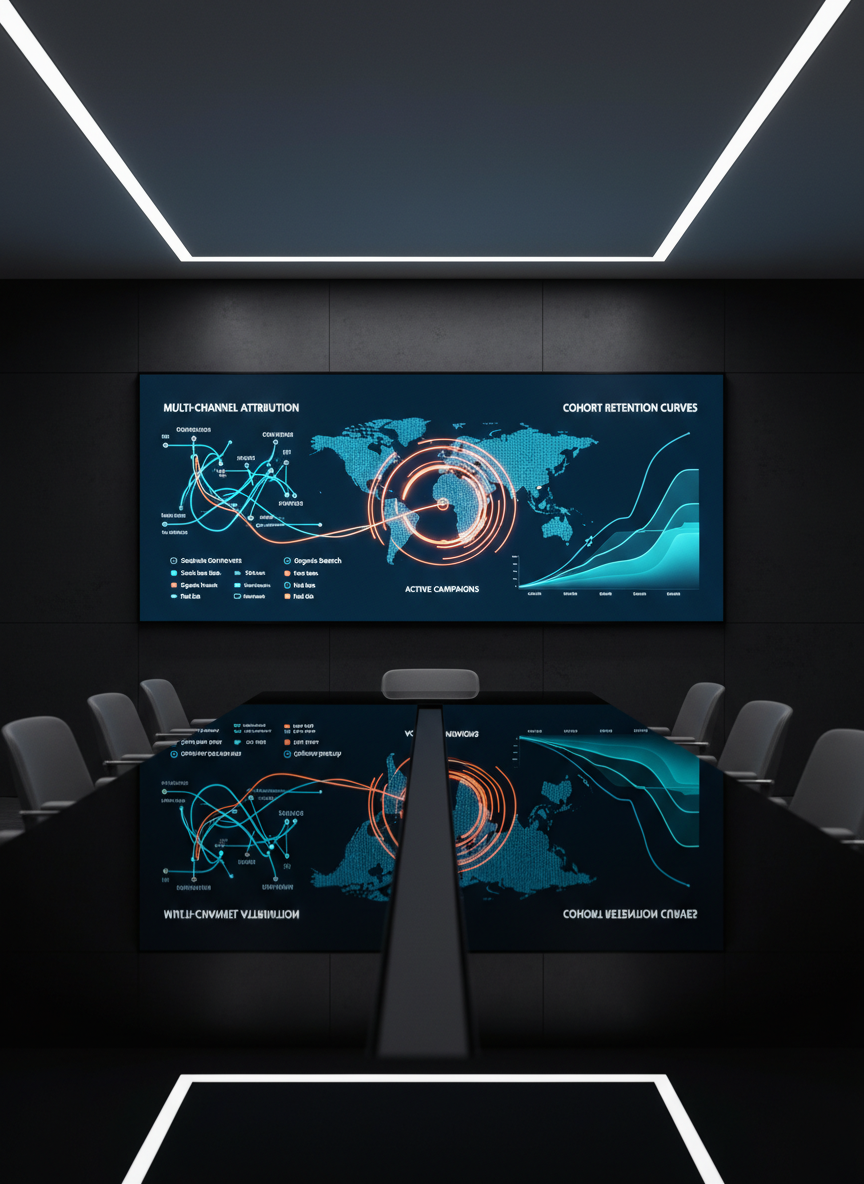 A high-end analytics dashboard projected onto a large, wall-mounted screen in a dimly lit modern office, the interface showing multi-channel attribution paths, cohort retention curves, and a world map pulsing with active campaigns. The wall is a deep slate color, allowing the vivid blues, teals, and oranges of the data visualizations to stand out. A polished black conference table in the foreground reflects the glow from the screen, while subtle recessed ceiling lights provide just enough ambient illumination to define the room’s edges. Shot from a slightly elevated angle with the screen perfectly centered and crisp, the mood is intense, data-obsessed, and cutting-edge, highlighting the power of measurement in sophisticated digital marketing strategy.