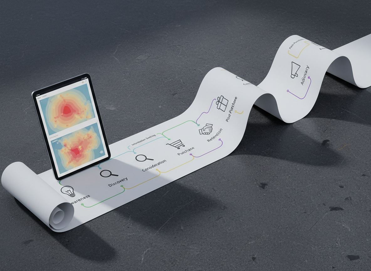 A sophisticated, minimalist representation of a customer journey map printed on a long, continuous strip of heavy, matte white paper that snakes elegantly across a dark stone tabletop. The map is composed of clean icons, labeled touchpoints, and smooth, colored lines connecting each stage from awareness to advocacy. A slim tablet at one end displays behavioral heatmaps that correspond to sections of the print. Subtle, cool-toned studio lighting from above emphasizes the gentle curves of the paper and the crispness of the graphics, casting soft, elongated shadows. Shot from a slightly elevated diagonal angle with moderate depth of field, the image feels analytical yet elegant, embodying a thoughtful, experience-centric approach to digital marketing strategy.