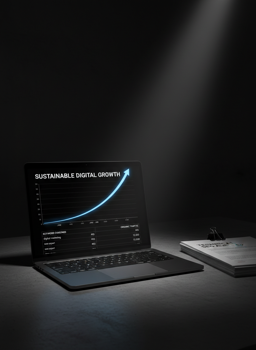 A dramatic, high-contrast depiction of an SEO growth trajectory, with a glossy black laptop screen showing a line graph that arcs sharply upward over several months alongside keyword ranking tables. The laptop sits on a charcoal concrete desk, beside a neatly stacked set of printed technical audits bound with a single black clip. A narrow beam of cool, directional light from above highlights the upward line on the graph and leaves the rest of the room in soft shadow, emphasizing the sense of breakthrough. Shot from a low angle looking slightly up at the screen, with a medium depth of field, the composition feels bold, ambitious, and analytical, underlining the impact of expert SEO strategy on sustainable digital growth.