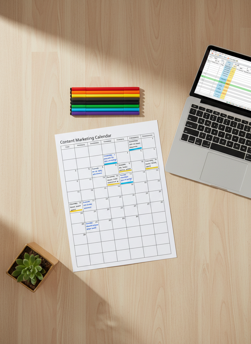 A meticulous flat-lay of a content marketing calendar spread across a large, pale ash wood desk, with a printed monthly grid filled with neatly handwritten campaign titles, color-coded markers lined up in order, and a slim laptop showing a content performance spreadsheet. A small, geometric metal planter with a single green succulent adds a refined organic touch. Soft morning light filters in from the left, casting delicate, angled shadows of the markers and gently illuminating the paper’s texture. Captured from directly overhead with precise alignment and sharp focus, the composition feels calm, strategic, and impeccably organized, visually communicating disciplined planning and long-term growth thinking in a clean, photographic style.