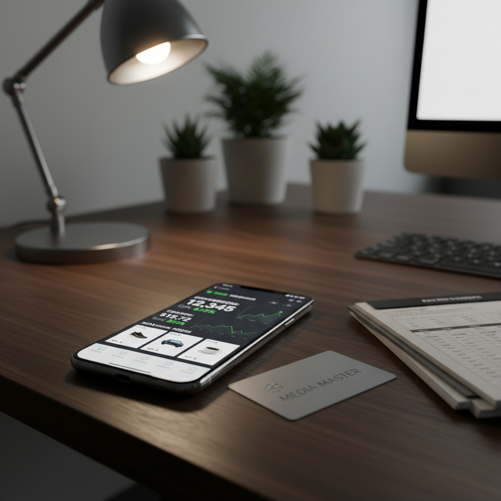 A close-up of a premium smartphone lying on a dark oak desk, its bezel-less screen showcasing a high-performing paid media dashboard with bold conversion metrics, neatly arranged ad creatives, and clear CPC trends. Beside it, a silver credit card-style business access pass and a small stack of precisely printed A/B test reports add tactile contrast. A single adjustable desk lamp casts warm, focused light from the side, creating dramatic yet controlled shadows and a subtle specular highlight along the phone’s metal edge. Photographed from a low, three-quarter angle with a shallow depth of field, the background falls into a smooth bokeh of abstract office elements. The mood is confident, analytical, and performance-focused, embodying expert mastery of paid media in a polished, realistic style.