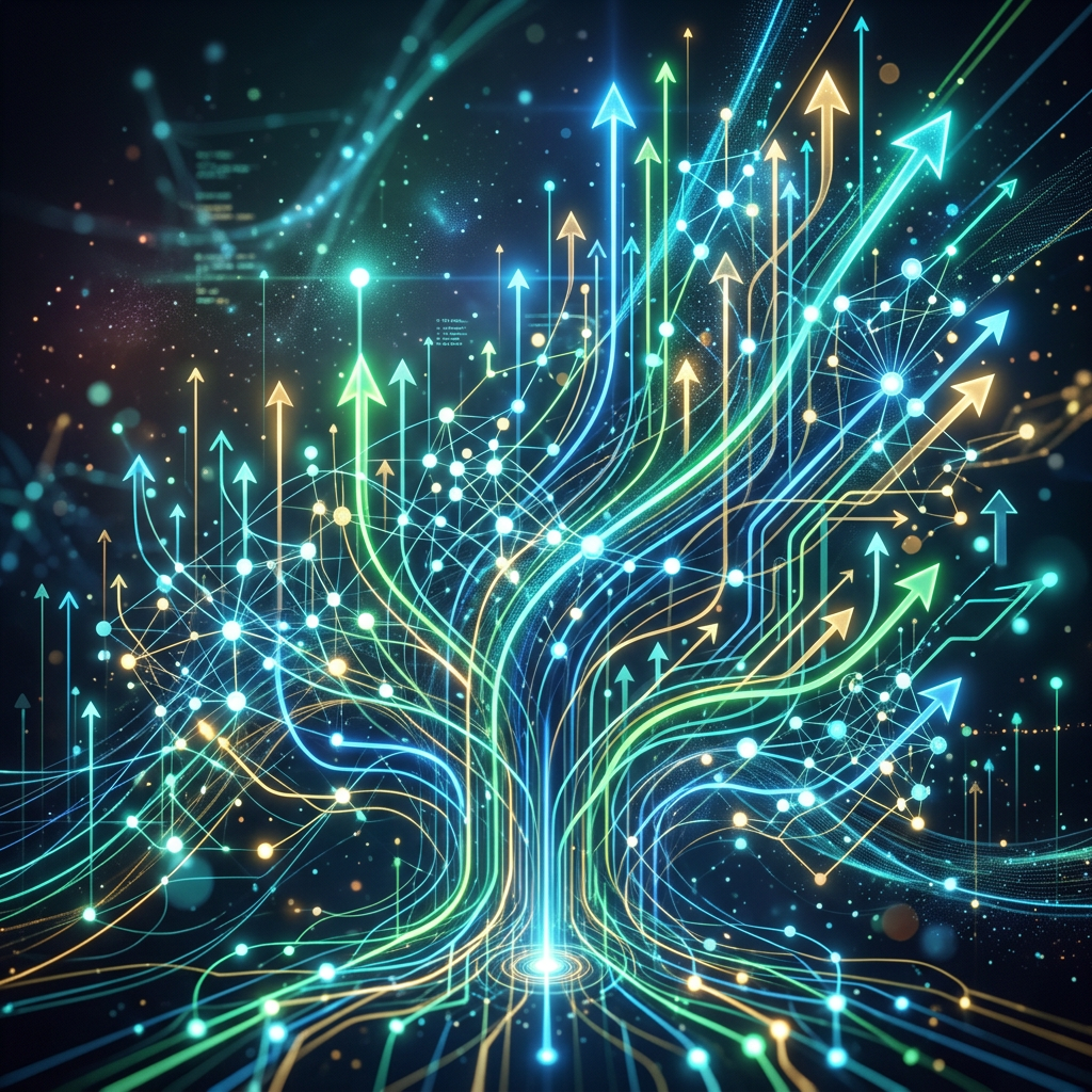 Abstract network of glowing lines and arrows indicating data flow and connectivity.